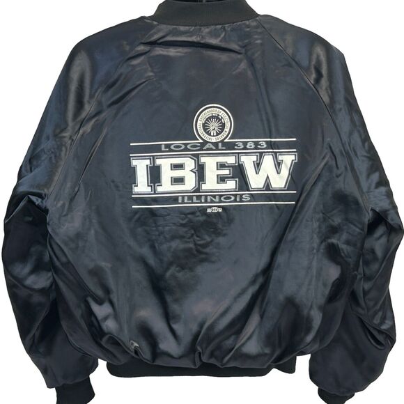 Vintage 90s IBEW Local 383 Satin Jacket Glen Ellyn Illinois Union Black XXL 2XL - Picture 3 of 13